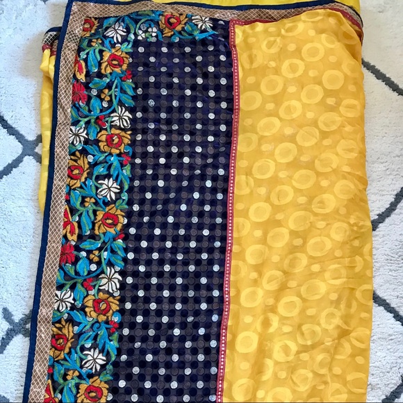 Yellow and blue embroidered Saree w/ red blouse - Picture 2 of 8